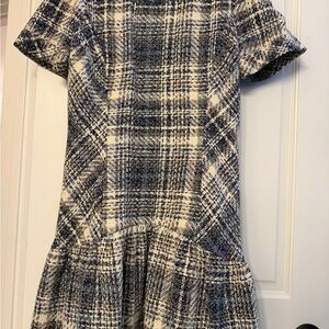 Shoshanna Eleanor Dress Tweed Drop-Waist Short Sleeve Dress in Navy and Cream